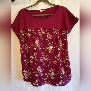 Chic Floral Burgundy Mason And Belle Size XL Blouse With Cute Pocket Detail.